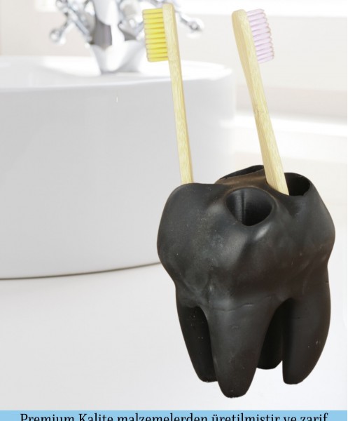 Diş Fırçalığı Tezgah Üstü Siyah Renk Diş Fırçası Standı Diş Şekilli Model